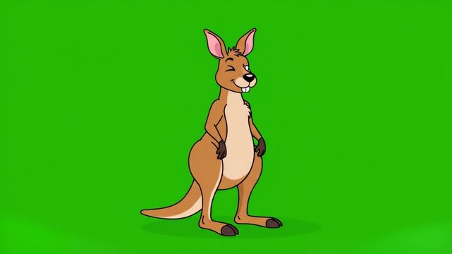 A stylized 2D cartoon kangaroo with a playful expression, winking at the viewer while standing with hands on hips. This flat vector animation on a green background is perfect for children's content, s