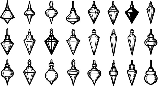 Black and White Line Art Plumb Bob and Pendulum Icons Set for Construction, Measurement, and Design Projects.