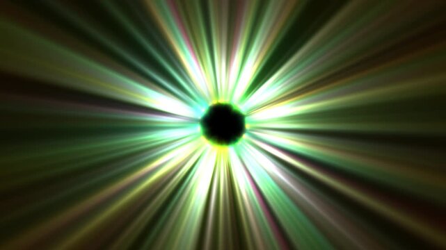 Rotating Sci-Fi Light with Colorful Beams Emitting from Spherical Black Hole Orb Center on Black Background. Abstract UFO Motion Graphics. 4K.