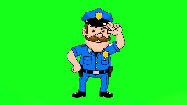 A cheerful 2D police officer character in a blue uniform saluting and performing a happy dance. Isolated on a green screen for chroma key video editing and safety-themed content.