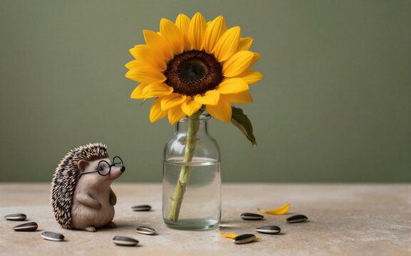 A tiny hedgehog with glasses gazes at a sunflower in a glass bottle.