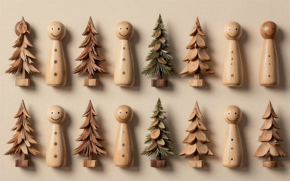 Wooden peg dolls and tree ornaments hang neatly festive and handmade.