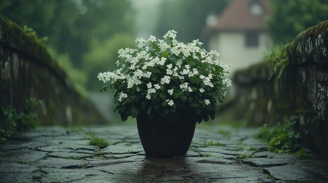 White flowers in pot on wet cobblestone path