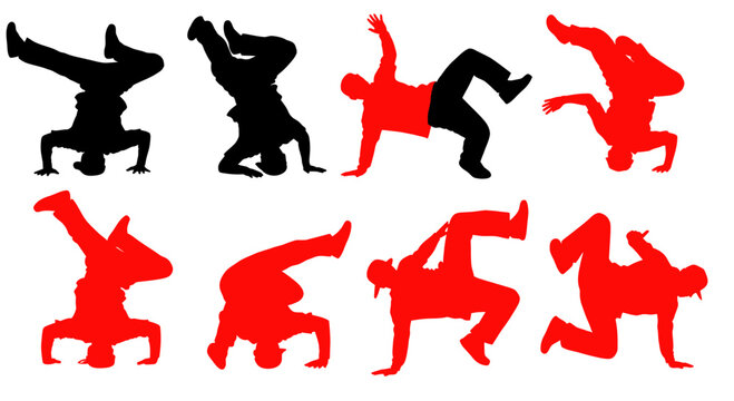 Breakdancing Silhouettes: Dynamic Bboy Poses in Red and Black