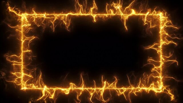 Dynamic Glowing Fiery Rectangle Frame Effect with Abstract Orange and Yellow Flames Creating an Energetic Border on a Dark Background for Creative Design Projects