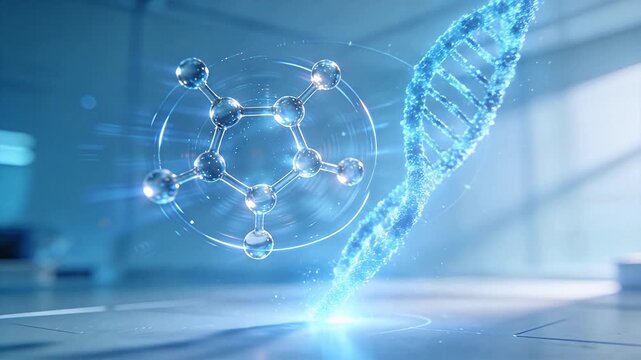 Digital DNA double helix structure with molecular models floating in blue technology space