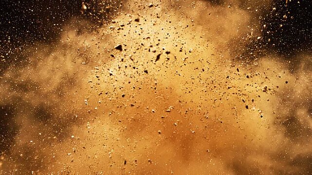 Bronze particles fly on a black background. The wind blows away colored sand. Powder. Spray. Texture.