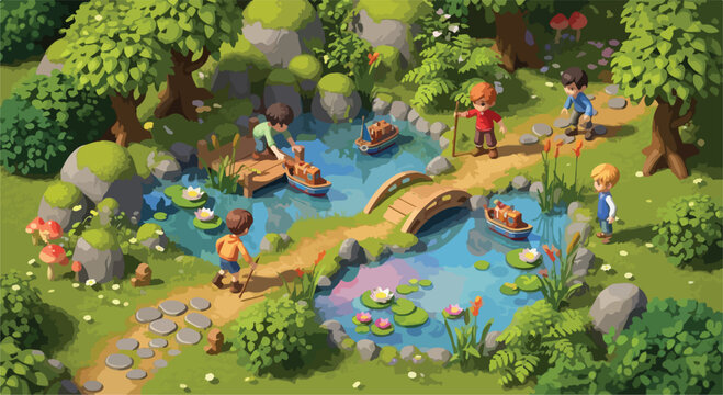 Isometric forest pond landscape with children playing, miniature garden scene with toy boats and wooden bridge, 3D stylized nature vector illustration