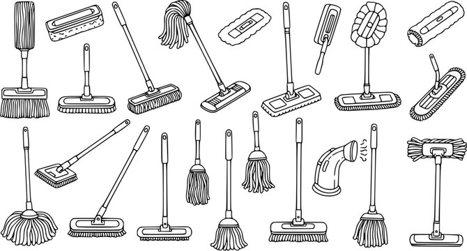 Cleaning Tools Industry Hand-drawn Line Art: Collection of Black and White Mops, Brooms, Dusters, and Household Hygiene Equipment Vector Set