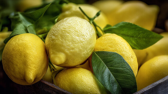 Fresh lemons with green leaves in a bowl