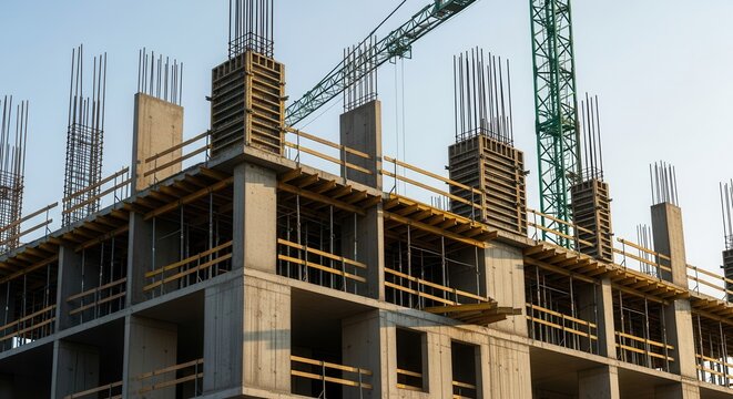 Construction site shows a building under development with concrete columns and scaffolding.
