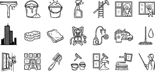 Fototapeta premium Window Cleaning Service Black and White Line Art Doodle Icons Set: Professional Tools, Equipment, Buildings, and Workers for High-Rise Cleaning