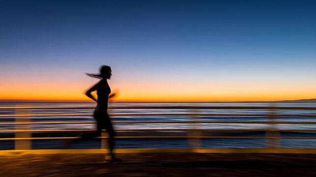 marathon. Runner's silhouette against ocean horizon at dawn, motion blur enhancing dynamic energy. event key visuals, club posters, designed for fitness apps and gym onboarding, boosts motivation.