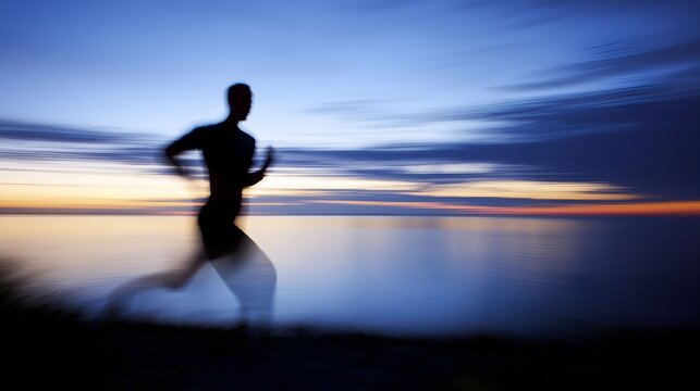 marathon. Runner's silhouette against ocean horizon at dawn, motion blur enhancing dynamic energy. event key visuals, club posters, designed for fitness apps and gym onboarding, boosts motivation.