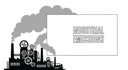 Obraz premium Industrial factory silhouette emitting heavy smoke with text label industrial emissions.