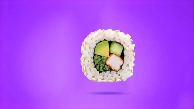 A high-quality 3D illustration of an inside-out California sushi roll (uramaki) topped with sesame seeds, filled with crab stick, avocado, and cucumber, set against a solid purple backdrop. Excellent 