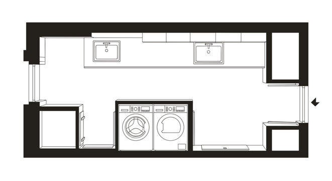 Modern laundry room floor plan with washer dryer sinks and countertop space top down architectural design view