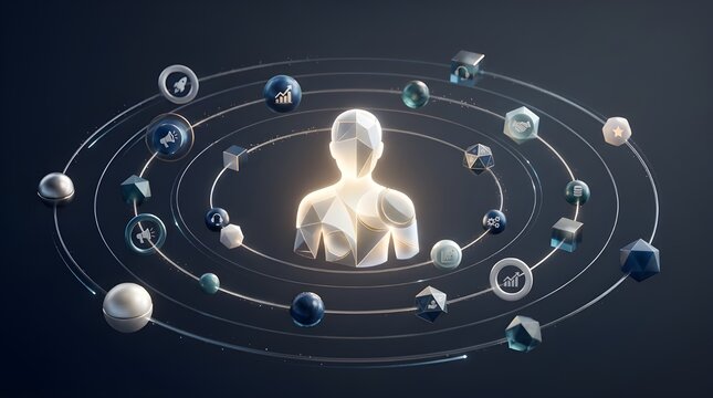 Customer Centric Business Strategy Concept with Abstract Human Icon as Central Orbit of Marketing and User Experience Icons