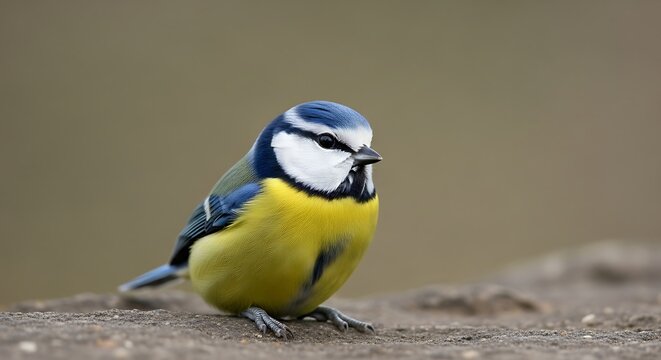 Vibrant blue tit bird perched outdoors against blurred background