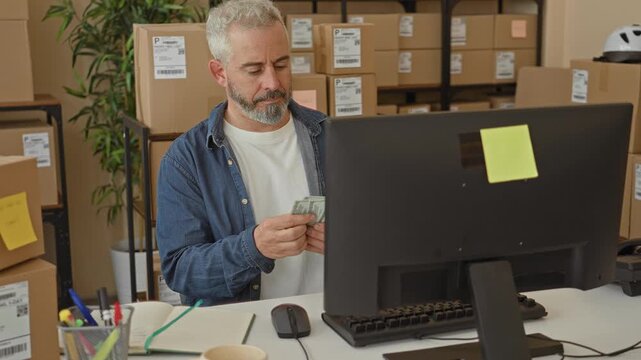 Man counting cash and writing at a computer monitor amid stacked parcel boxes in a packing building; small business focused.