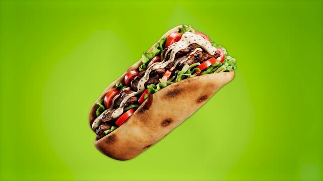A taco filled with seasoned meat and a vibrant salad of greens and tomatoes, displayed against a blurred green background. This high-quality food image is perfect for advertising, menus, and healthy e