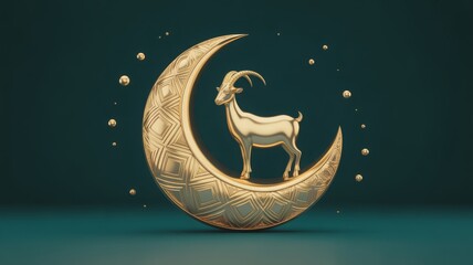 Naklejka premium Golden goat standing on crescent moon with stars, Mystical and dreamy scene