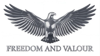 Fototapeta premium Shiny metallic eagle with outstretched wings and freedom and valour text