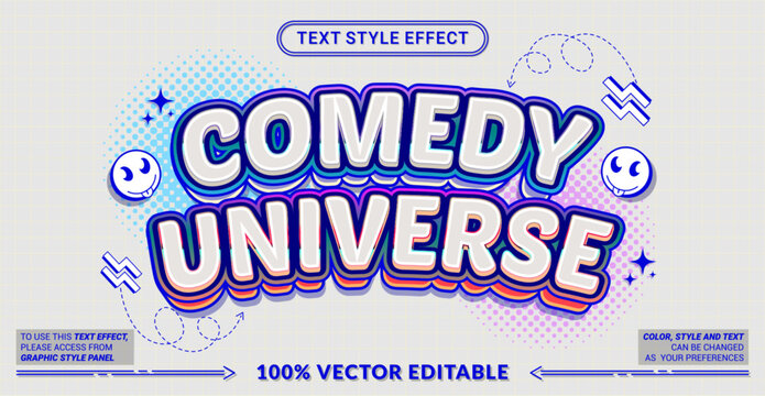 Editable comedy universe text effect with playful pop style, colorful outlines, and fun elements. Perfect for Comedy content, entertainment branding, posters, and social media.