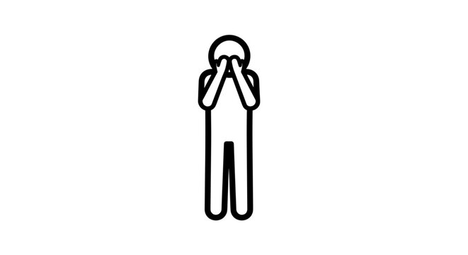 Stylized simple line art icon of a person covering their face with hands expressing despair sadness or shame isolated