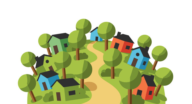 Charming cartoon village with colorful houses winding path and lush trees on a green hill representing community
