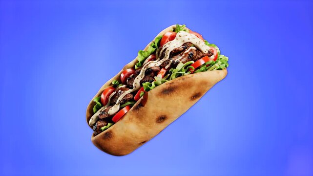 A detailed 3D animation of a loaded gyro flatbread wrap filled with meat, lettuce, tomatoes, and sauce. The food item rotates slowly against a solid blue chroma key background for seamless commercial 