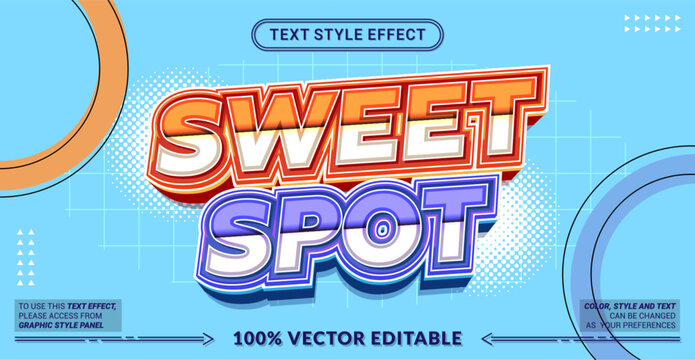 Editable sweet spot text effect with bold 3D retro style, combining warm orange and cool blue tones. Perfect for sports themes, gaming, branding, and dynamic visuals.