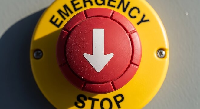 Closeup of a red emergency stop button with a white arrow on a yellow circular base with the words emergency stop, industrial safety equipment for machine shutdown and control