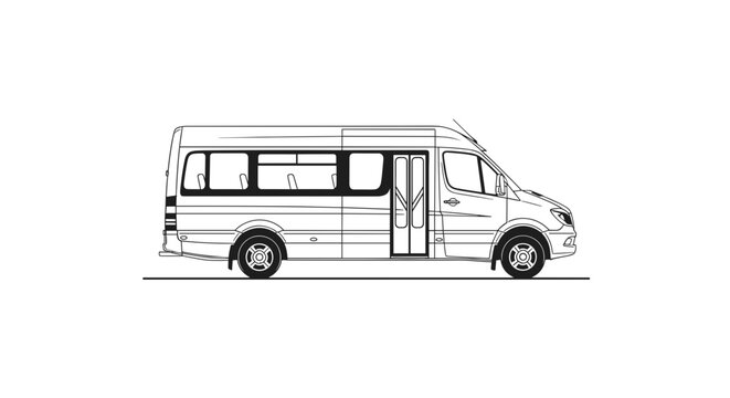 Detailed line art illustration of a modern passenger van or minibus vehicle with multiple windows and doors presented