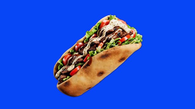 A delicious-looking 3D gyro or taco wrap filled with meat and vegetables, spinning in the air. Isolated on a blue screen for professional food marketing and commercial use.