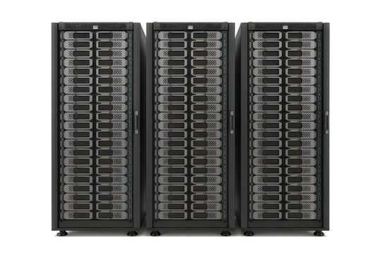 Front view of three black server racks with stacked hard drive arrays