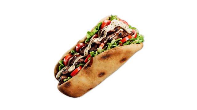 A delicious and realistic 3D asset of a Mexican taco packed with grilled beef, sliced tomatoes, fresh lettuce, onion, and white sauce inside a toasted tortilla shell. Isolated on a plain white backgro