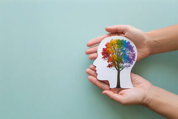 Obraz premium Hands holding a human head silhouette with a rainbow colored tree inside