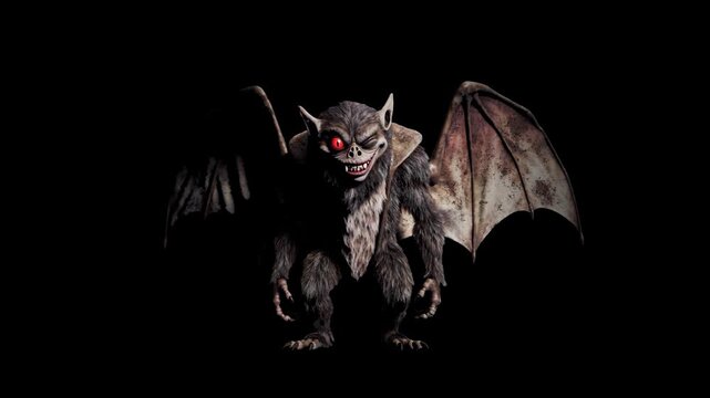 A menacing 3D gremlin bat monster with large leather wings, glowing red eyes, and sharp claws standing menacingly, isolated on a solid dark black background. Suitable for horror movie visual effects, 