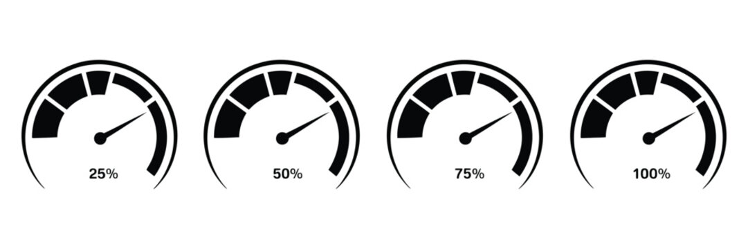 Speedometer logo vector illustration, speed and performance gauge icon collection, modern automotive dashboard dials showing