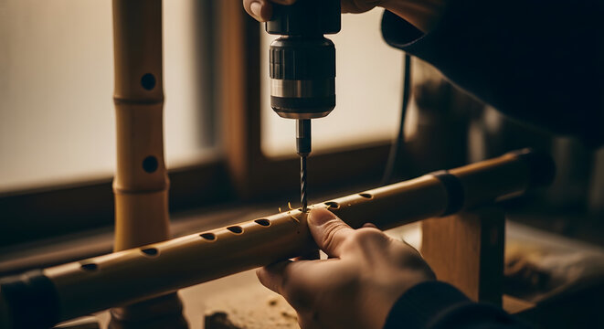 Close up of craftsman hands using electric drill on musical pipe