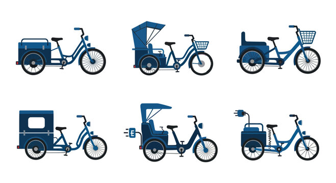 Set of Blue Tricycle Cargo Bikes and Rickshaws - Vector Illustration