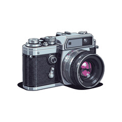 Fototapeta premium Vintage classic 35mm film rangefinder camera isolated on white background with realistic metallic details.