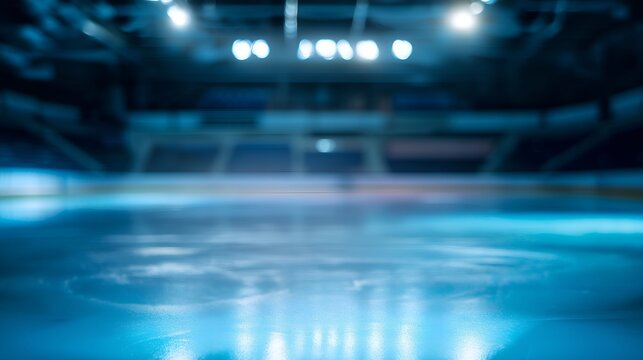 puck. An empty hockey rink glows blue under ambient lighting, with blurred stadium seats in the distance. event key visuals, club posters, designed for sports event promotions and stadium branding.