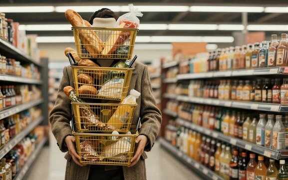 Person carries three baskets of groceries in supermarket aisle.