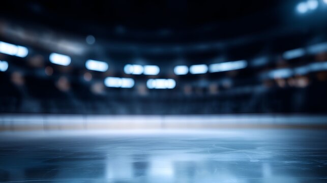 puck. An empty hockey rink glows blue under ambient lighting, with blurred stadium seats in the distance. event key visuals, club posters, designed for sports event promotions and stadium branding.