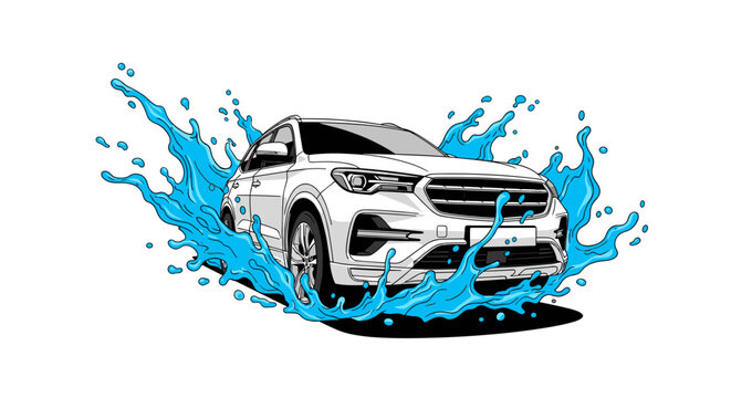 Modern white suv vehicle splashing through vibrant blue water droplets dynamic automotive cleaning concept illustration