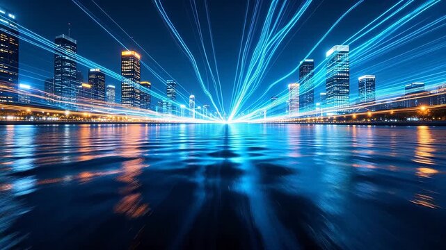 Futuristic city skyline at night with digital data light trails