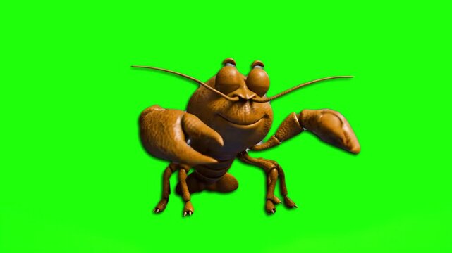 A cheerful 3D animated lobster character moving playfully against a solid chroma key green screen backdrop. This clip is ideal for seafood restaurant advertising, marine life education, and kids' ente