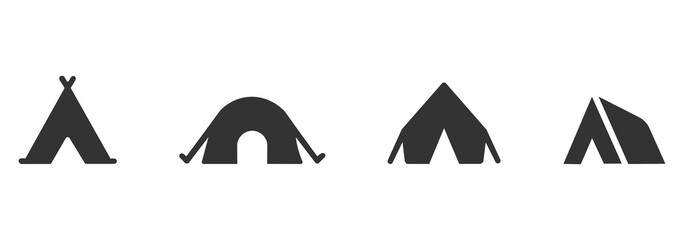 Camping tent icon set. Hiking camp silhouette. Campsite illustration. Isolated shelter signs and symbols. © Adit